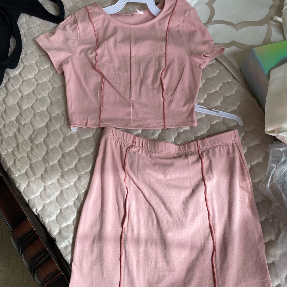 2 Piece Pink Overstitching Matching Skirt Set NWT